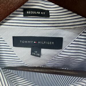 Tommy Hilfiger Mens Dress Shirt Regular Fit Blue Stripes 17 34/35 Business Work